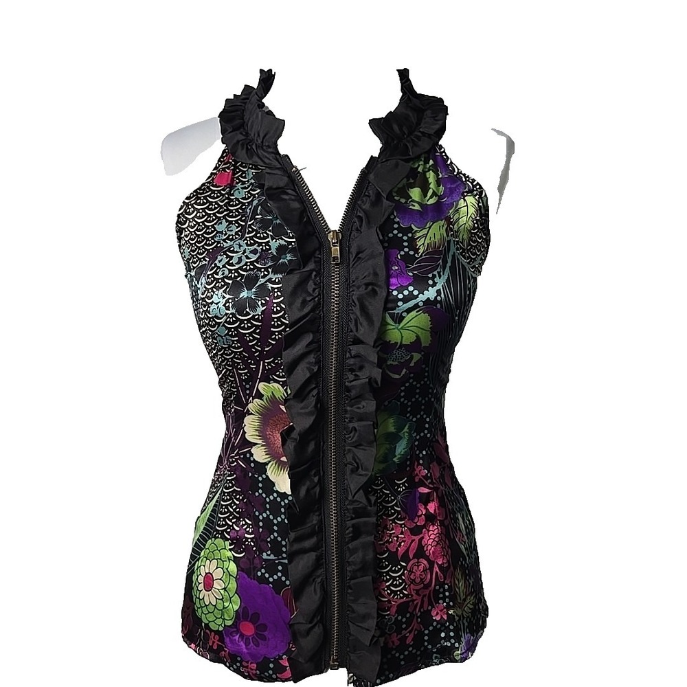 Jaloux 100% Silk Floral Full‎ Zip Ruffle Halter Style Blouse Top XS